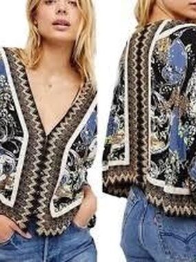 Free People Boho Floral V-Neck Women's Sweater Cardigan - Blue/Black